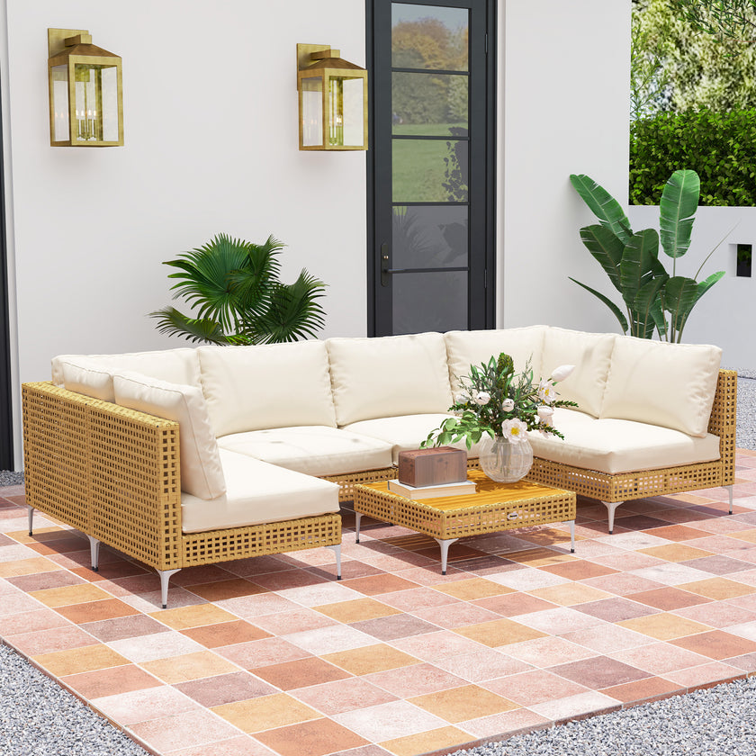 7 Piece Wicker Patio Furniture Set, Modular Outdoor Sectional With Thickened Cushions, Acacia Wood Table, Khaki Beige