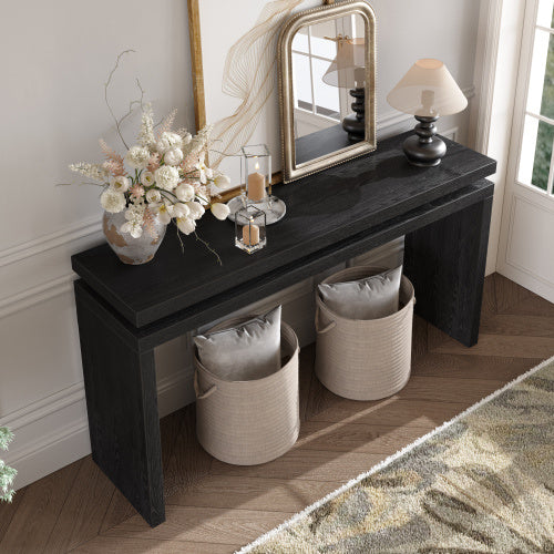 60  Antique Natural Farmhouse Console Table - Retro Wooden Entryway Table With Double Board Suspension Design, Solid Wood & MDF, Sofa Table For Living Room
