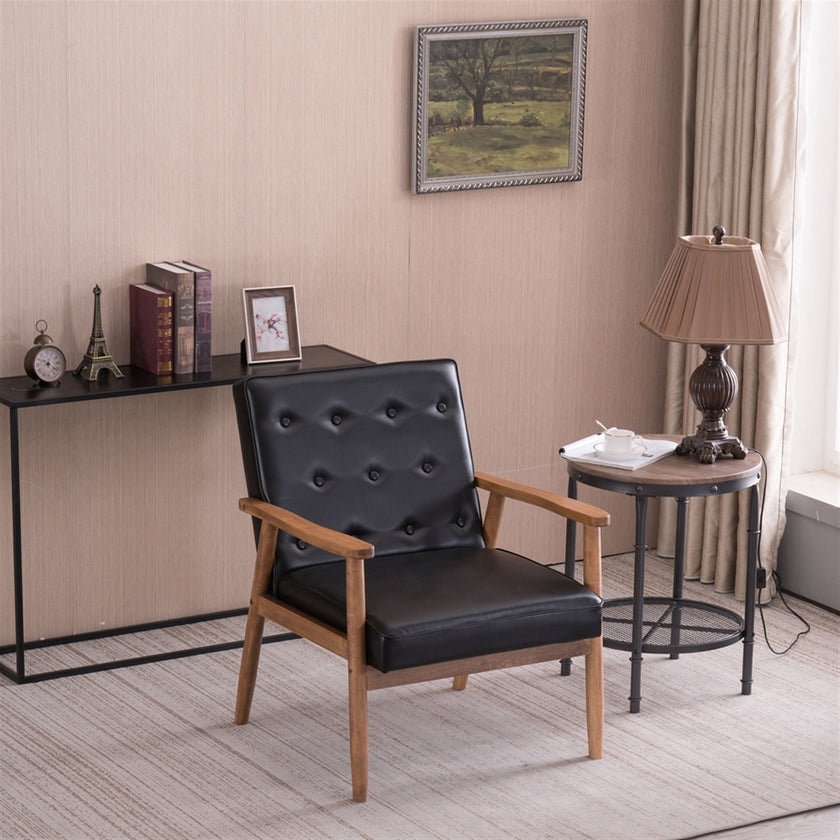 Vintage Modern Wooden Armchair In Black PU