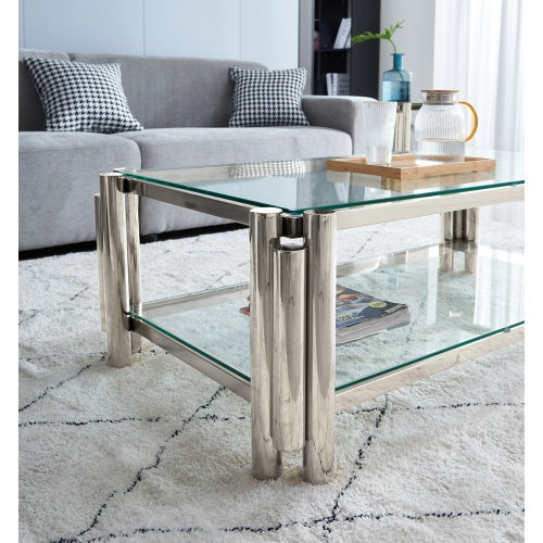 50 Wide Rectangle Modern Stainless Steel Coffee Table, Double-Layer Clear Tempered Glass Coffee Table, Center Table With Storage, For Living Room Home Office, Easy Assembly, Silver