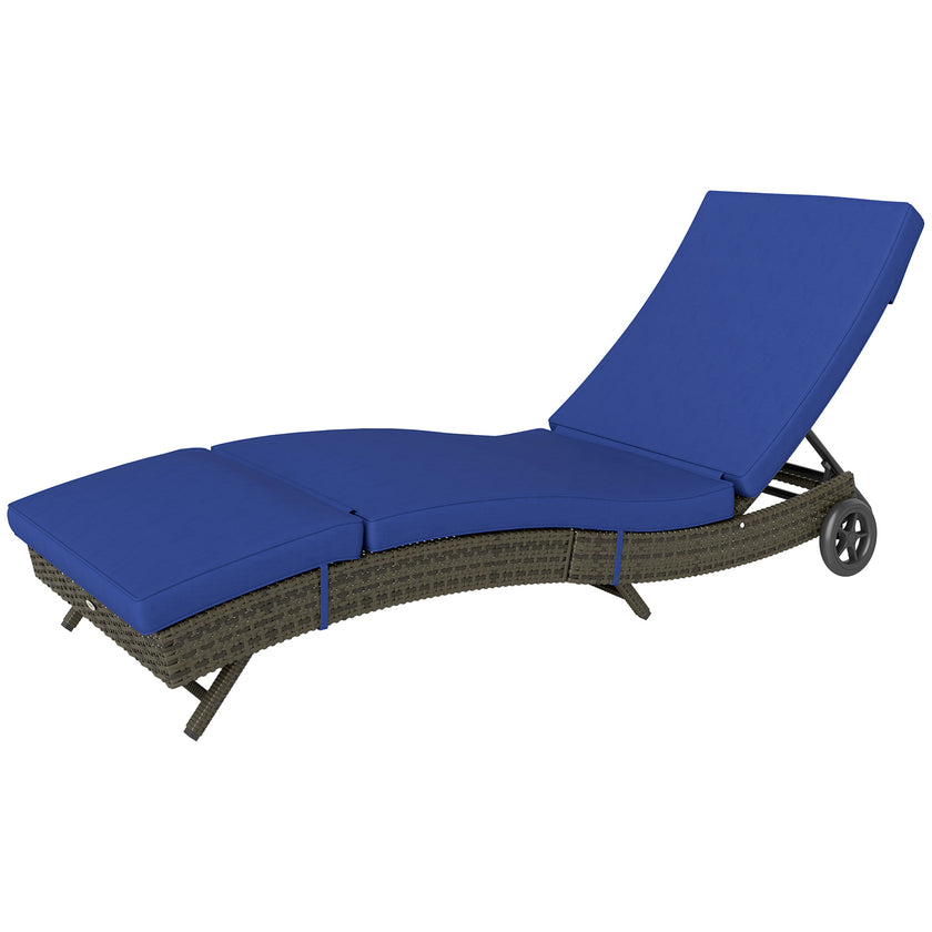 Patio Wicker Chaise Lounge Chair, Outdoor PE Rattan Sun Lounger With Adjustable Backrest And 2 Wheels, Dark Blue