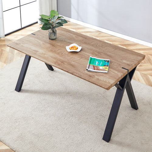 63x35.4Wood-Textured MDF Dining Table With Black A-Frame Legs.Density Board Sticker,Iron Pipe Spraying,Suitable For Various Occasions Such As Living Rooms, Kitchens, Terraces, Etc.