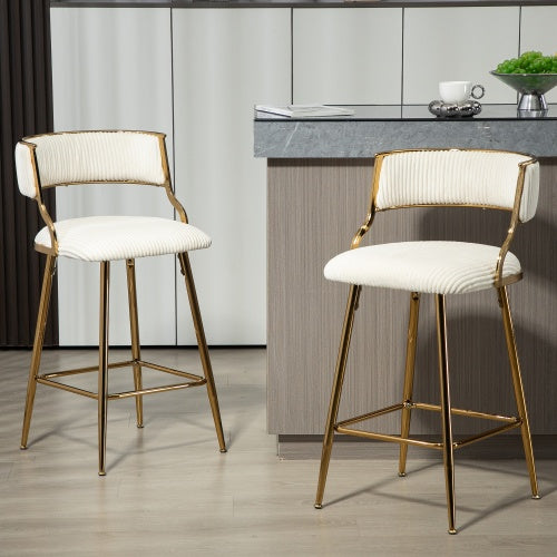 SET OF 2,26 Counter Height Bar Stools Corduroy Kitchen Island Counter Bar Stool With Back,golden Chromed Base And Footrest