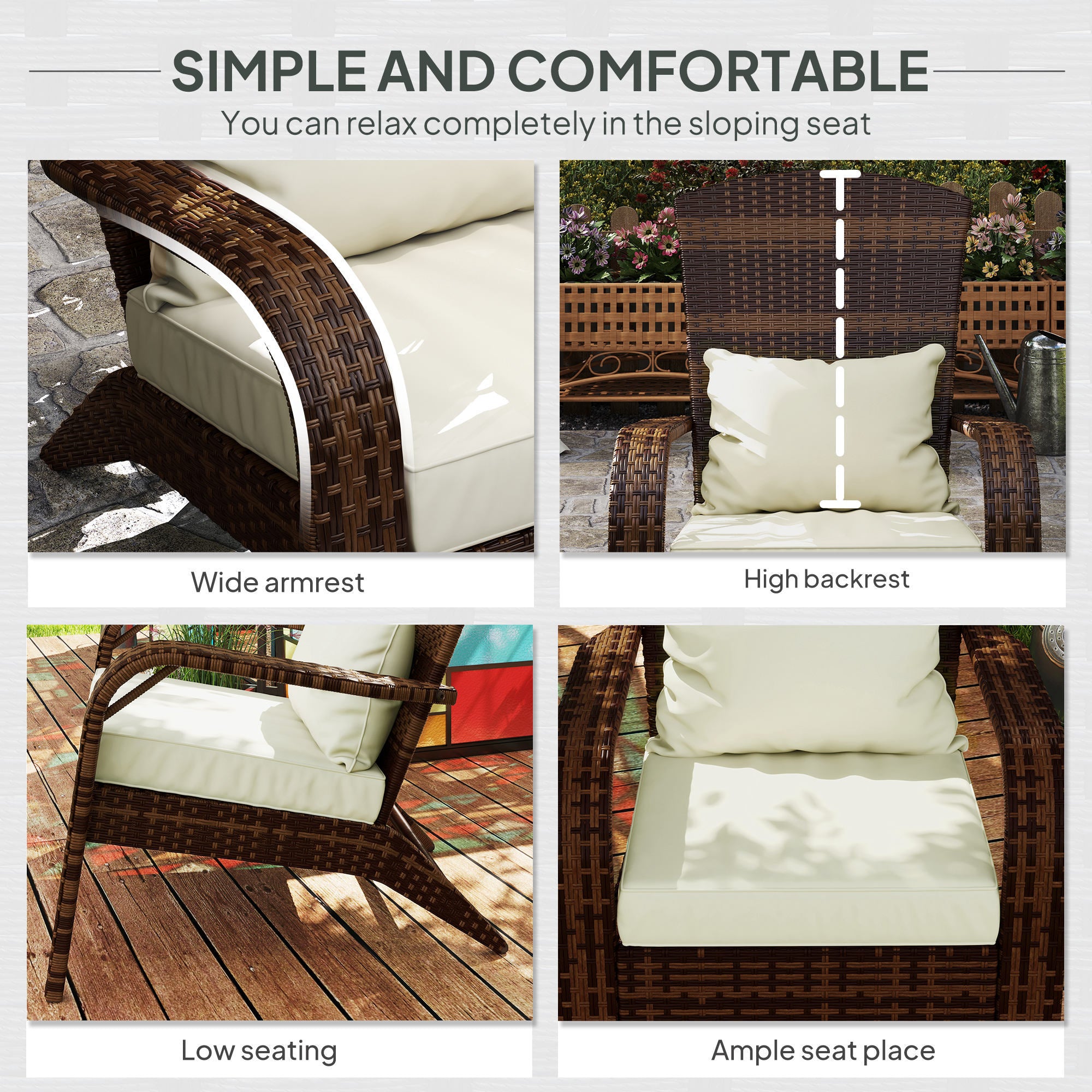 Patio Adirondack Chair With Rattan Wicker, Soft Cushions, Tall Curved Backrest For Deck Or Garden, Cream White