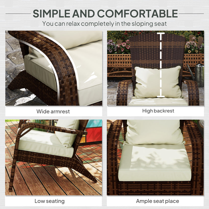 Patio Adirondack Chair With Rattan Wicker, Soft Cushions, Tall Curved Backrest For Deck Or Garden, Cream White