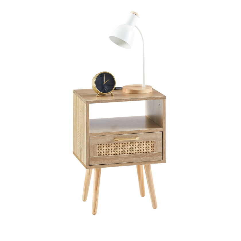 15.75  Rattan End Table With Power Outlet, USB Ports, Drawer   Solid Wood