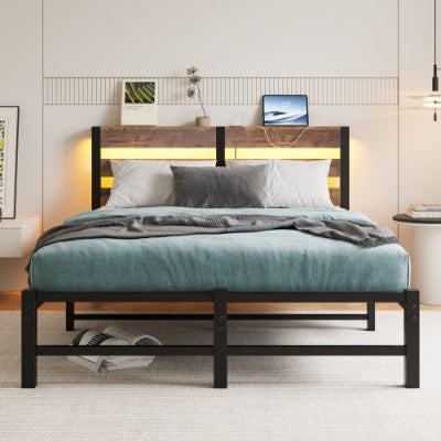 Full Size Metal Bed Frame With Wooden Headboard, RGB Lights, Charger, Storage Shelf, Noise-Free, No Box Spring Needed,Rustic Brown