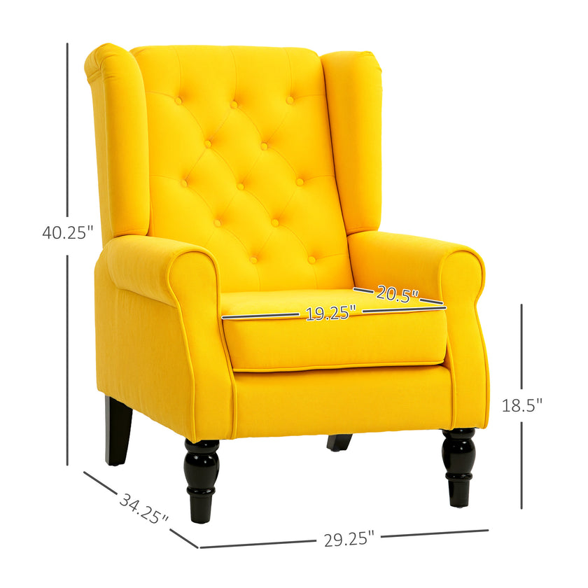 Wingback Accent Chair For Living Room, Button-Tufted Lounge Chair With Round Armrests And Wood Legs, Yellow