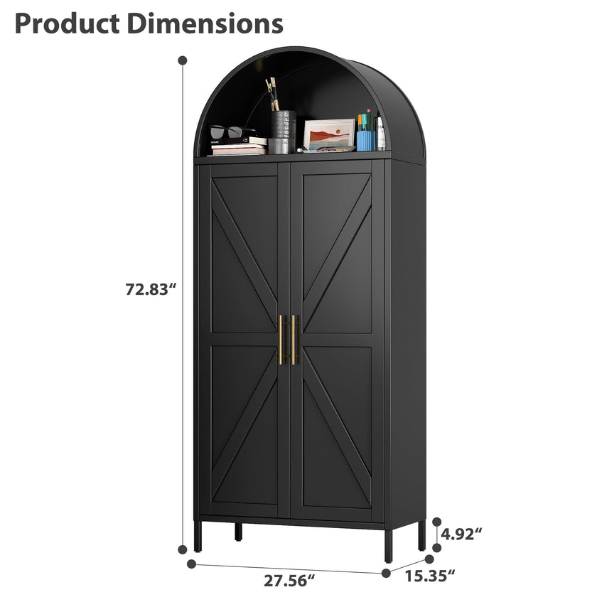 73inch Tall Metal Arched Cabinet, Modern Arch Bookshelf Display Cabinet With Doors,Shelves,Internal Drawers For Home Office Kitchen Bar Living Room,Black