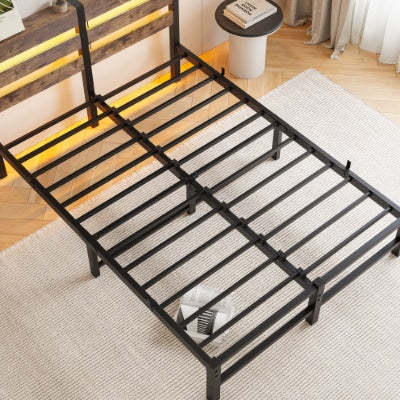 Full Size Metal Bed Frame With Wooden Headboard, RGB Lights, Charger, Storage Shelf, Noise-Free, No Box Spring Needed,Rustic Brown