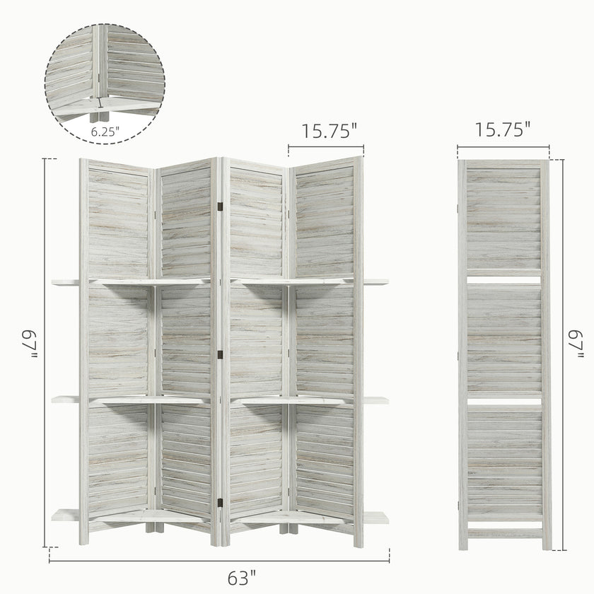4 Panel 67 Tall Wood Privacy Screen Room Divider With 3 Shelves And Folding Storage For Bedroom, Distressed White