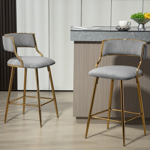 SET OF 2,26 Counter Height Bar Stools Corduroy Kitchen Island Counter Bar Stool With Back,golden Chromed Base And Footrest