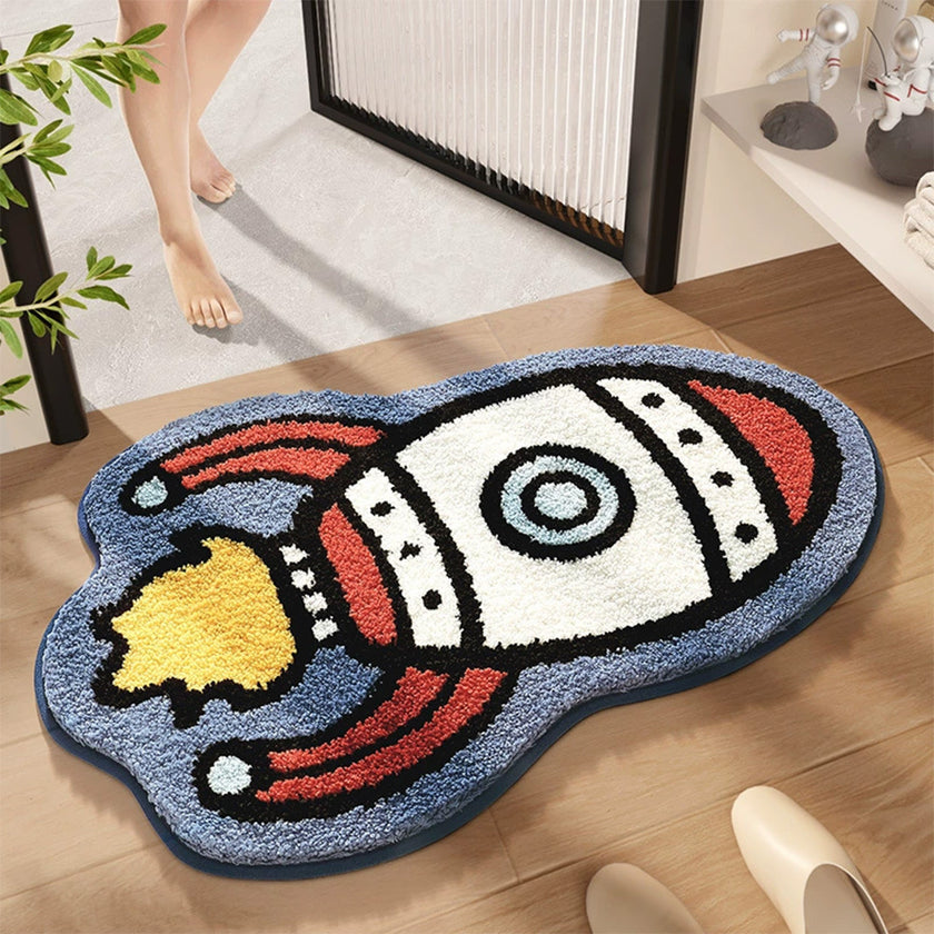 Cartoon Rocket Bath Mat Bathroom Decoration Area Rug Toilet Anti-slip Foot Mats Thickened Flocking Bath Carpet Non-slip Doormat Absorbent Bathroom Mat