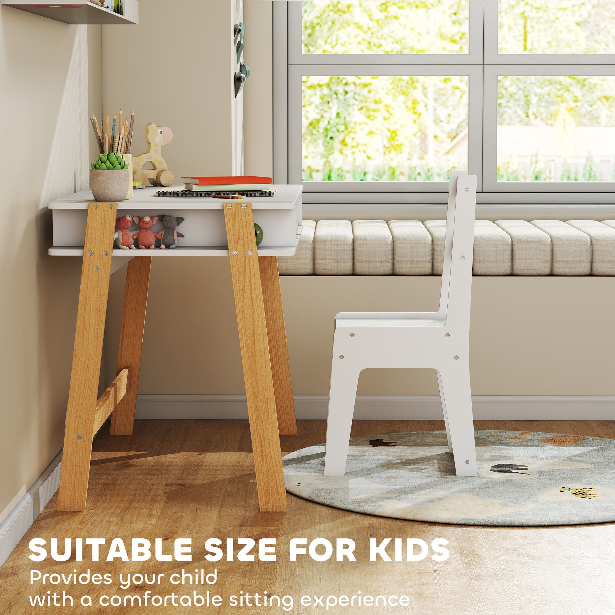 Desk And Chair Set With Storage For Bedroom, School, Gift For Children Ages 3-12, White
