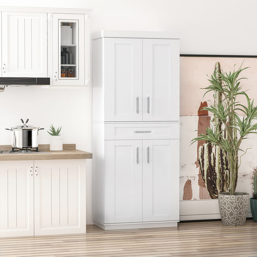 Modern Kitchen Pantry Cabinet Storage With With 4 Doors, Drawer And 3 Adjustable Shelves For Dining Room, White