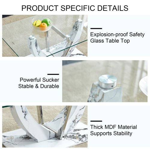 Modern Minimalist Transparent Tempered Glass Coffee Table With Marble Patterned MDF Legs And Stainless Steel Decorative Columns. Computer Desk. Game Table. CT-907