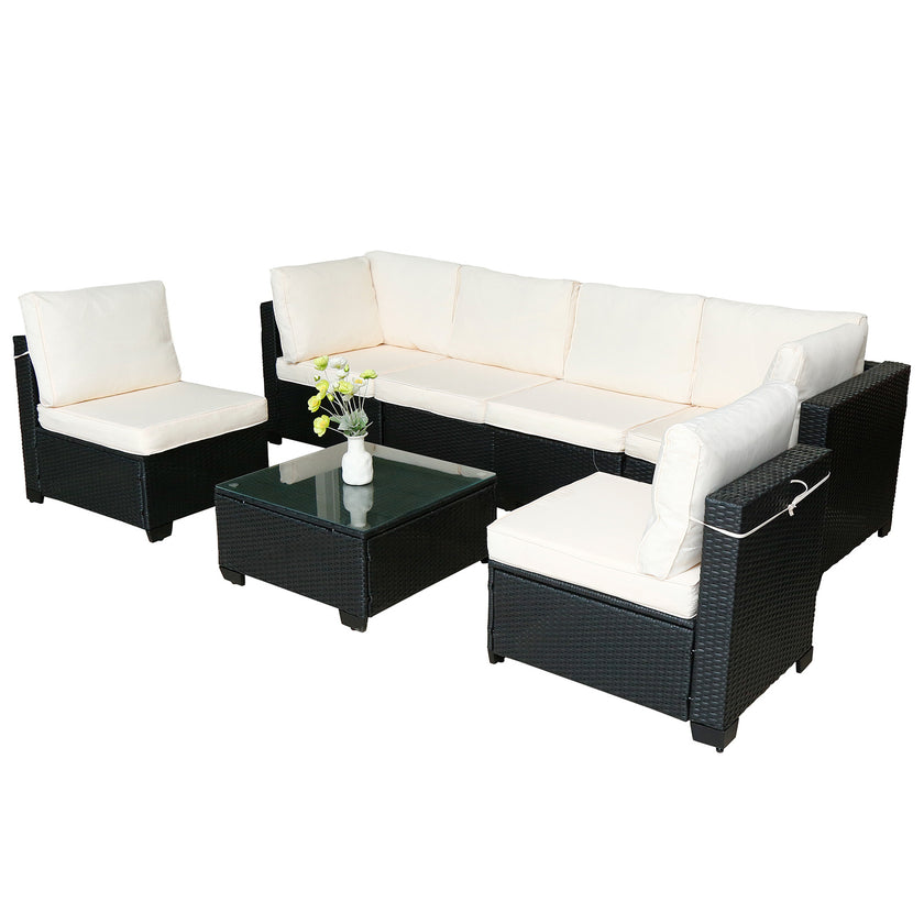 Hot Selling Seven-Piece Sofa Set Table With Sofa Chair Black PE Rattan Outdoor New Design Furniture 7-JH002 Box 3-1-2-3 With White Color Cushion