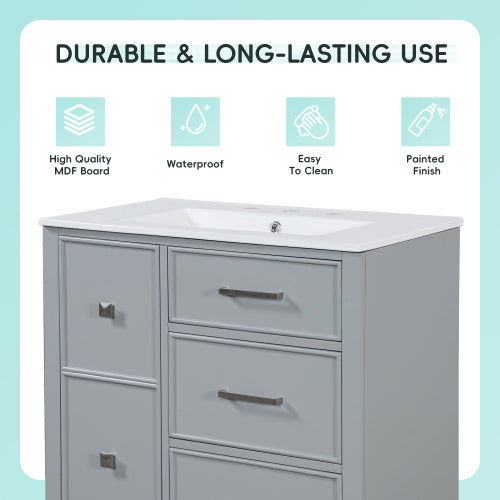 30 Inch Bathroom Vanity With Ceramic Sink, Flip-Out Drawer Design For Plumbing, White Painted MDF Cabinet With Solid Wood Legs