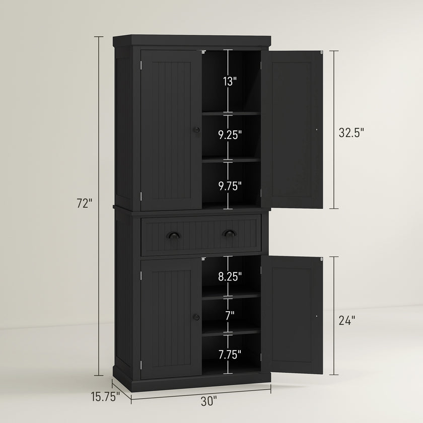 72 Kitchen Pantry Storage Cabinet, Cupboard With 4 Doors And 3 Adjustable Shelves, Large Central Drawer, Black