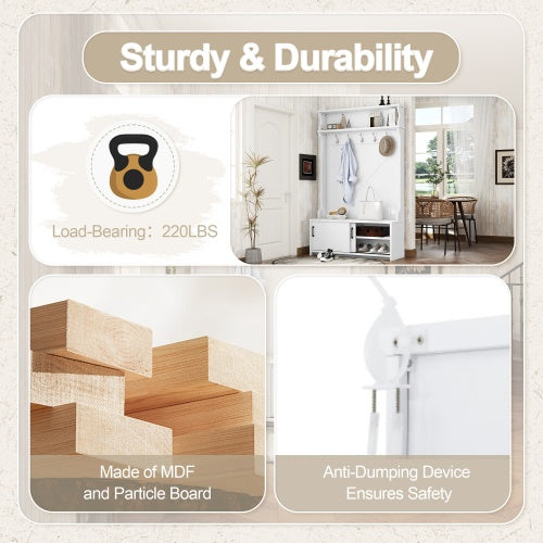 Hall Tree With Top Shelf And Storage Bench, Hallway Shoe Cabinet With Sliding Doors, Coat Rack With 5 Hanging Hooks For Entryways Hallways