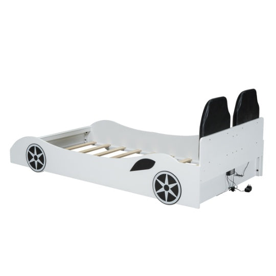 Wood Twin Size Race Car-Shaped Platform Bed With LED And Upholstered Backrest, White