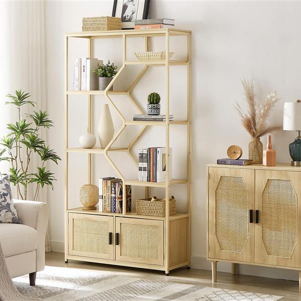 Bookshelves In Rattan, 7-tier Bookcase Storage Shelves For Living Room, Home Office, Natural Color