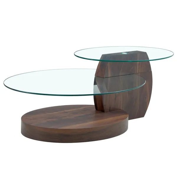 Modern Walnut Grain Double Layer Coffee Table - Versatile Design, Multiple Colors Available.Density Board Sticker,Reinforced Glass,Oval Countertop.
