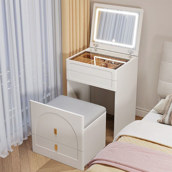 3 In 1 Dressing Table With Flip Mirror And Light, Small Makeup Vanity Set With Viewing Glass Tabletop, 3 Drawers, Storage Stool, 3 Color Lighted Mirror, Bedroom Dressing Table For Small Spaces