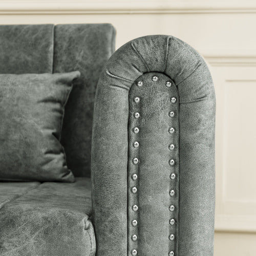 3 In 1 Pull-Out Bed Sleeper, Modern Upholstered 3 Seats Lounge Sofa & Couches With Rolled Arms Decorated With Copper Nails , Convertible Futon 3 Seats Sofabed With Two Drawers And Two Pillows