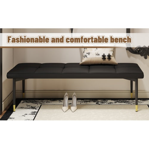 59x17 Inch Multifunctional Black Shoe Bench - Faux PU Cushion, Sturdy Metal Legs With Gold Accents.Suitable For Bedroom,Fitting Room, Storage Room, Dining Room, And Living Room,etc