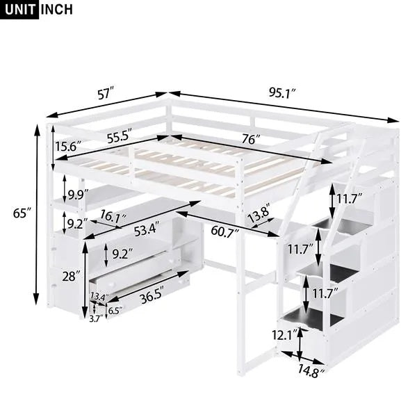 Full Size Loft Bed With Desk And Shelves, Two Built-in Drawers, Storage Staircase, White