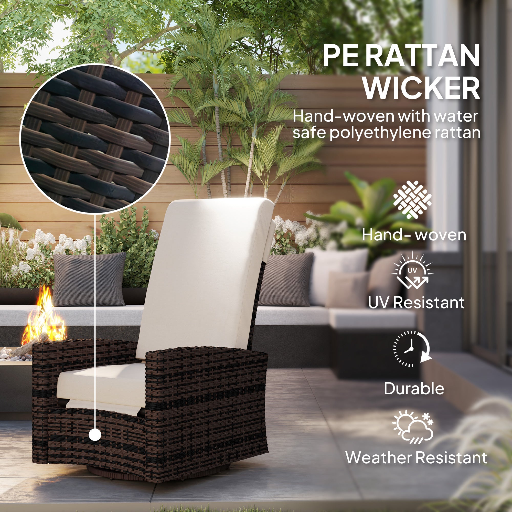 Outdoor Wicker Swivel Recliner Chair, Lifting Footrest, 360 Rotating Basic, Water-resistant Cushions, Khaki