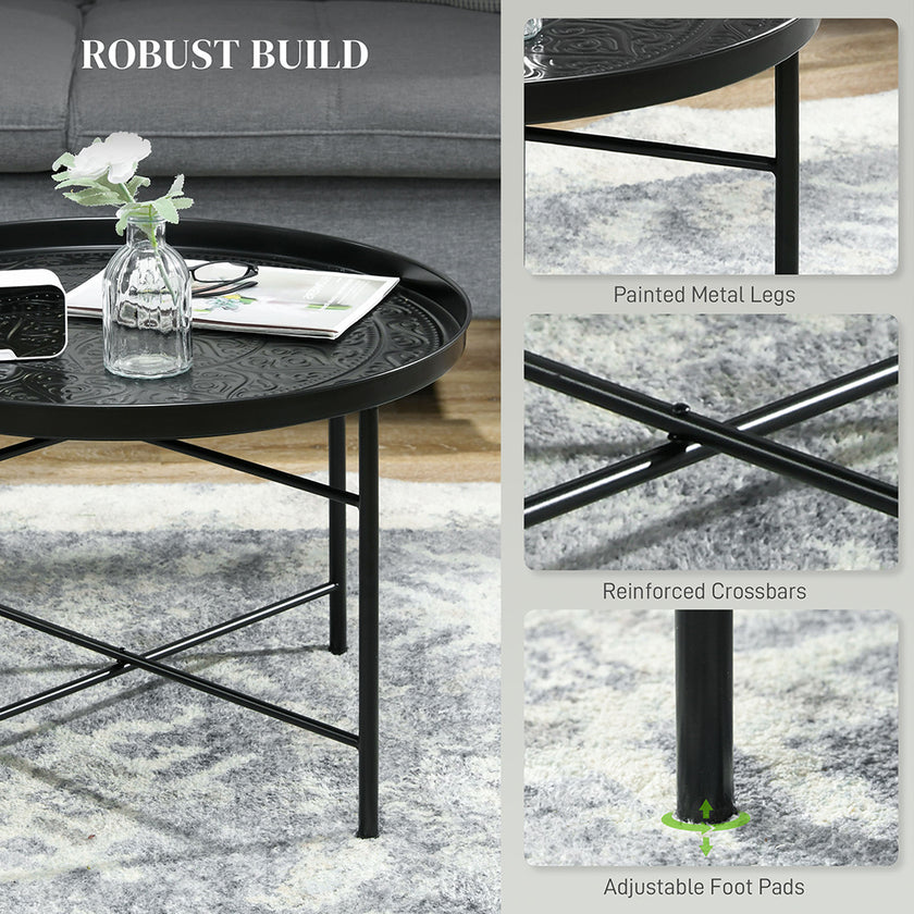 Coffee Table For Living Room, 24inch Round Center Table With Hammered Tray Top And Metal Frame For Bedroom, Black
