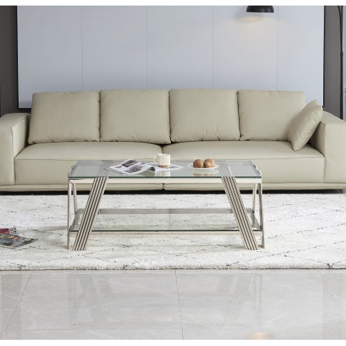 47 Wide Rectangle Modern Stainless Steel Coffee Table, Double-Layer Clear Tempered Glass Coffee Table, Center Table With Storage, For Living Room Home Office, Easy Assembly