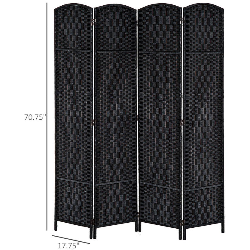 4 Panel Wicker Room Divider Folding Privacy Screen 6' Tall Black