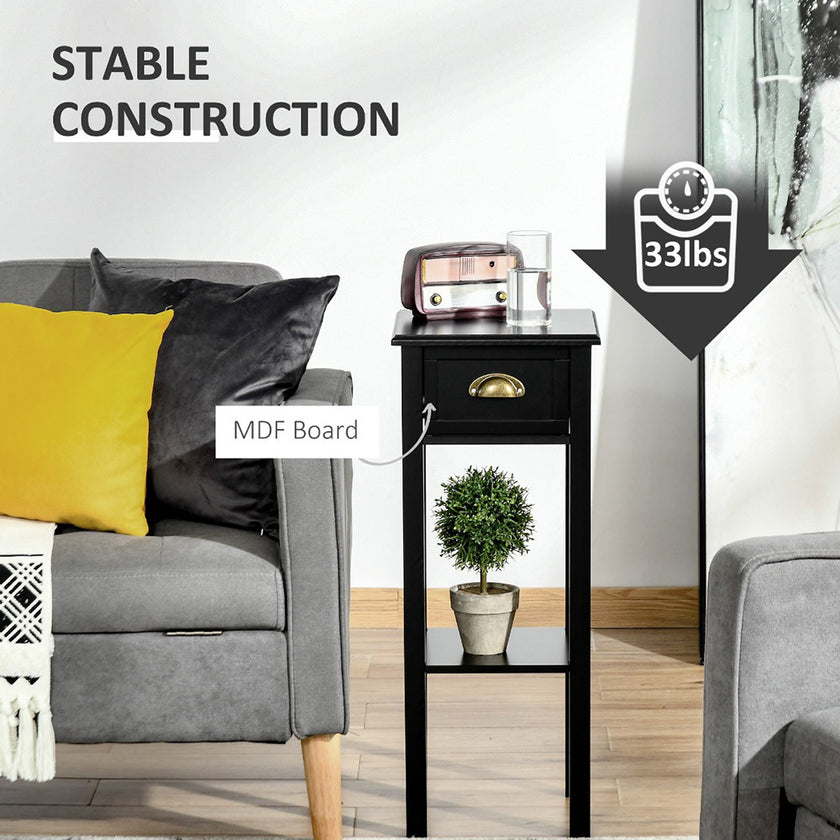 2-Tier Side Table With Drawer Shelf, End Table For Living Room Hallway, Black