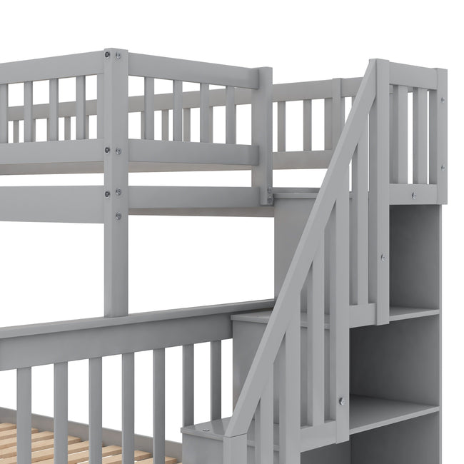 Twin Over Full Bunk Bed With Trundle And Staircase,Gray