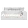 Wooden Full-size Sofa Bed With Storage Rack, Multifunctional Bed With Two Storage Drawers And Desk, Antique White