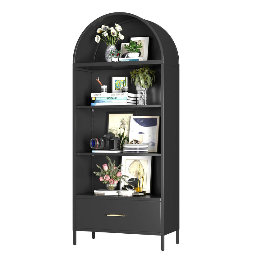 Metal Arched Bookshelf, Accent Arch Kitchen Pantry Cabinet With Drawer For Home Office Bar Living Room Farmhouse ,Black