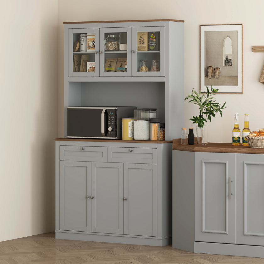 71 Kitchen Pantry Cabinet With Microwave Stand, Kitchen Hutch With 2 Drawers And Adjustable Shelves, Gray