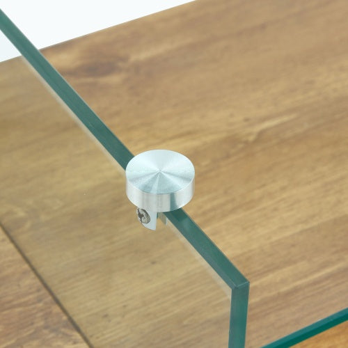 43.3 Inch Modern Two-Tier Coffee Table - Clear Tempered Glass And Natural Wood Grain, Multifunctional Storage Design.The Bottom Tier Includes A Drawer.Can Be Used As A Coffee Table,side Table,etc