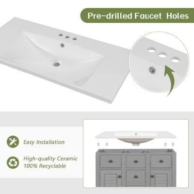 36 Bathroom Vanity With Ceramic Basin, Two Cabinets And Five Drawers, Solid Wood Frame, Grey