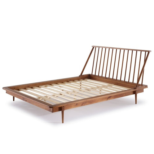 Mid-Century Modern Solid Wood Queen Platform Bed Frame With Spindle Headboard - Caramel