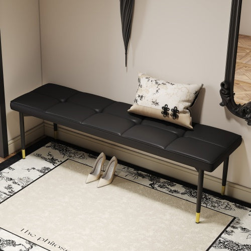 59x17 Inch Multifunctional Black Shoe Bench - Faux PU Cushion, Sturdy Metal Legs With Gold Accents.Suitable For Bedroom,Fitting Room, Storage Room, Dining Room, And Living Room,etc