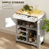 Rolling Kitchen Cart, White, Island With Storage Drawer, 9-Bottle Wine Rack, Door Cabinets, Wooden Countertop