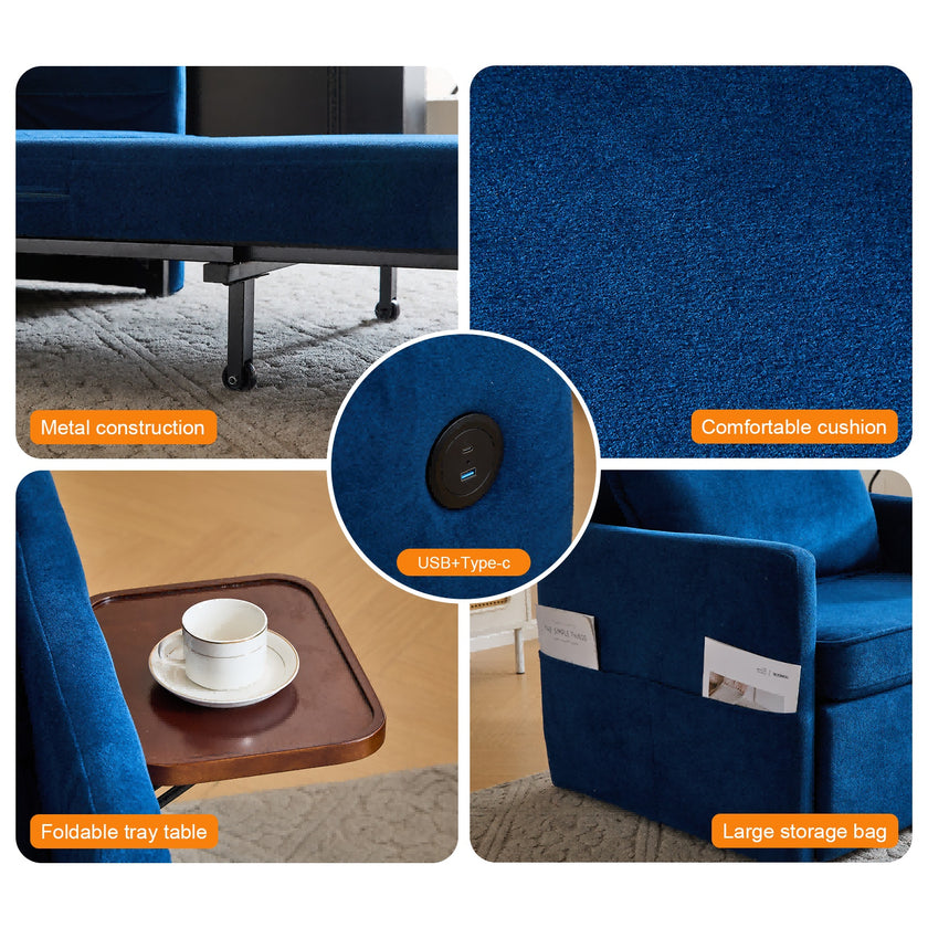 Adult Sleeper Chair Bed, 3-in-1 Convertible Sofa Chair Bed Pull-out Sofa Bed, Convenient Folding Tray Table With USB And Type-C Charging Ports For Living Room Cannot Be Sold On Temu