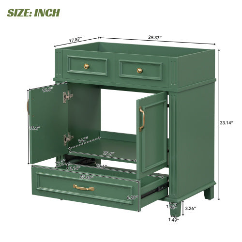 30'' Bathroom Vanity Without Top,Solid Wood Frame Bathroom Storage Cabinet With Soft Closing Doors,Frame Bathroom Storage Cabinet Only, Retro Style, Green