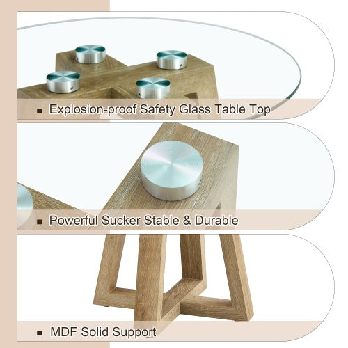Modern And Practical Round Table. Made Of Clear Tempered Glass Top And Wood-coloured MDF Material. Suitable For Living Rooms And Bedrooms