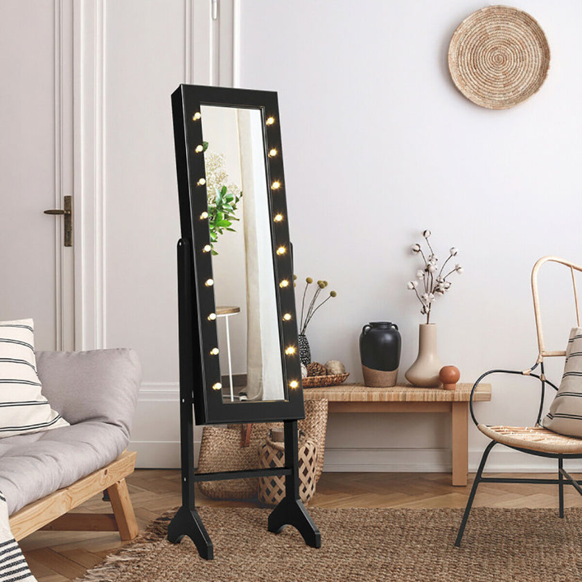 Mirrored Standing Jewelry Armoire Cabinet With LED Lights