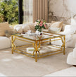 Square Glass Coffee Table In 33.5 ,Luxurious Geometric Metal Frame,Gold Finish  Lower Shelf